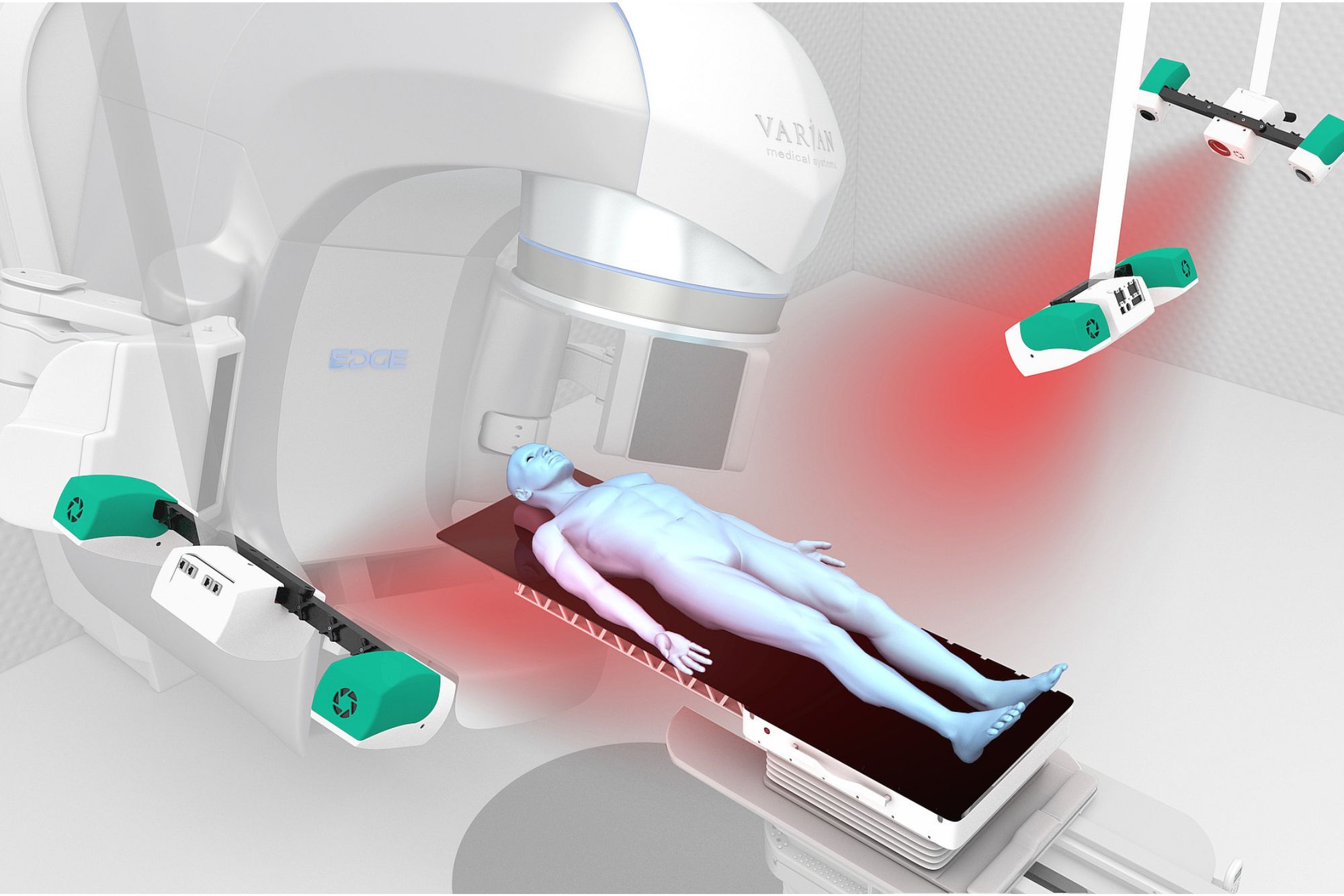 Die kontinuierliche Patienten-Lageüberwachung mittels eines 3D-Sensornetzwerks aus drei simultan arbeitenden Sensoren zur räumlichen Erfassung mit hoher Genauigkeit und niedriger Latenz.