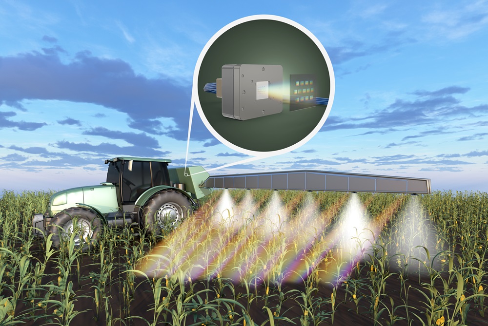 Eine 3D-visualisierte Darstellung eines Traktors, der über ein Feld fährt und dabei mithilfe des Mikrospektrometer die Qualität des Bodens misst.