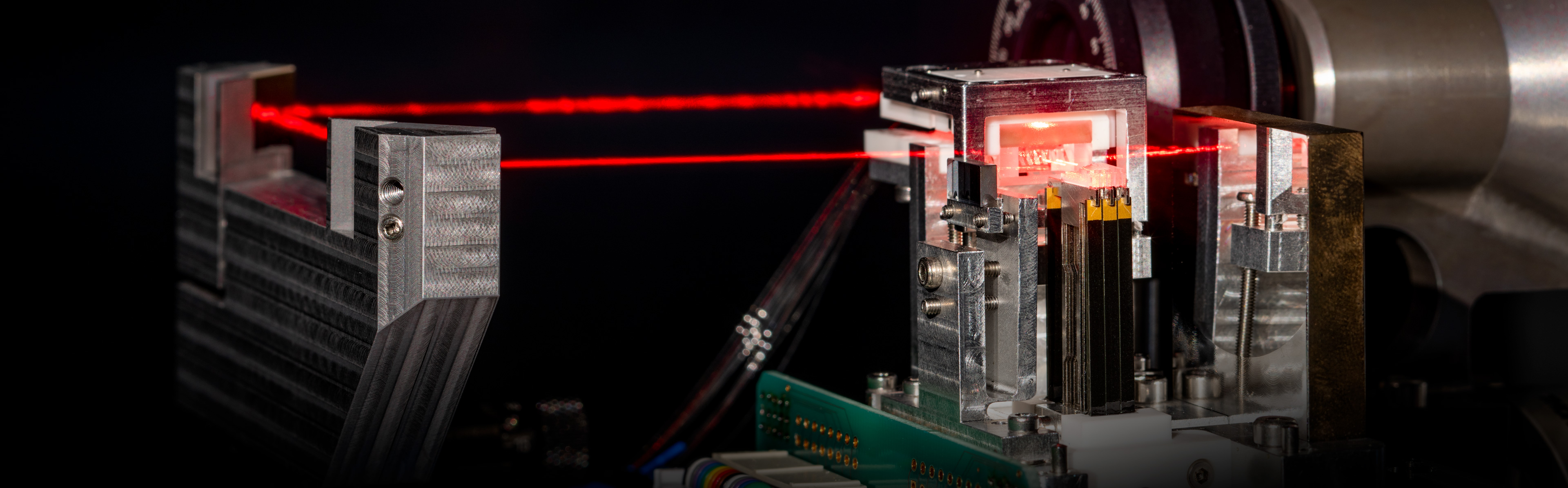 Close-up of the laser-based addressing optics for quantum computers.