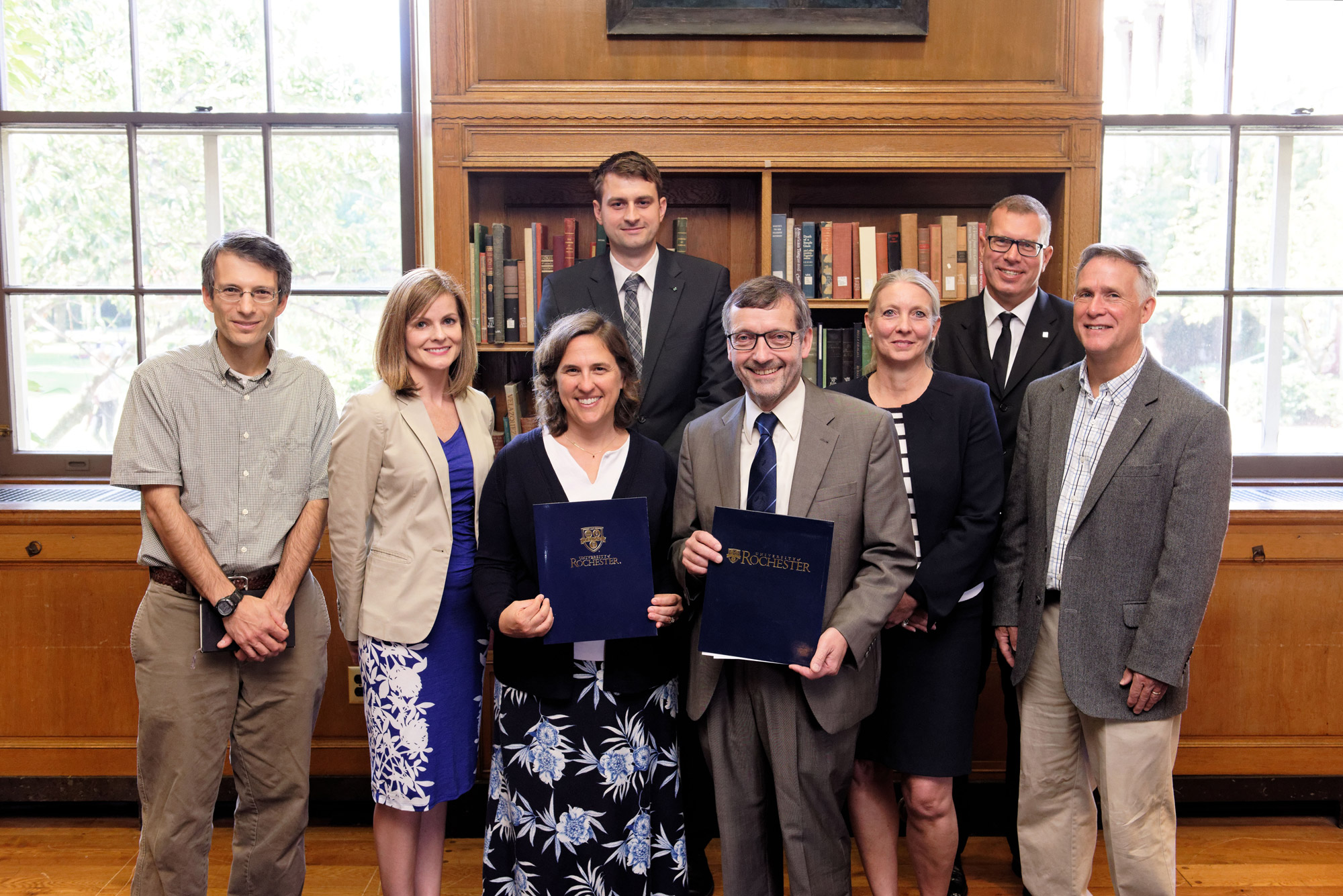 The University of Rochester and Friedrich Schiller University Jen sign a Memorandum of Understanding for the ERASMUS program. The event was held in the Welles-Brown Room of Rush Rhees Library on the University of Rochester&#39;s River Campus, Rochester, NY, Monday, September 12, 2016. In the front row from left to right: Andrew Berger, Jane Gatewood, Wendi Heinzelman, Walter Rosenthal, Claudia Hillinger, and Tom Brown. In the rear from left to right: Kevin Füchsel and Andreas Tünnermann. 