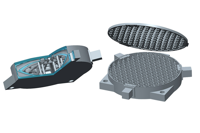 Abb. 3: Design mit säulenartigen Innenstrukturen zur Stabilisierung (links). Design mit kreuzartig angeordneten Stäben als Innenstruktur (rechts).