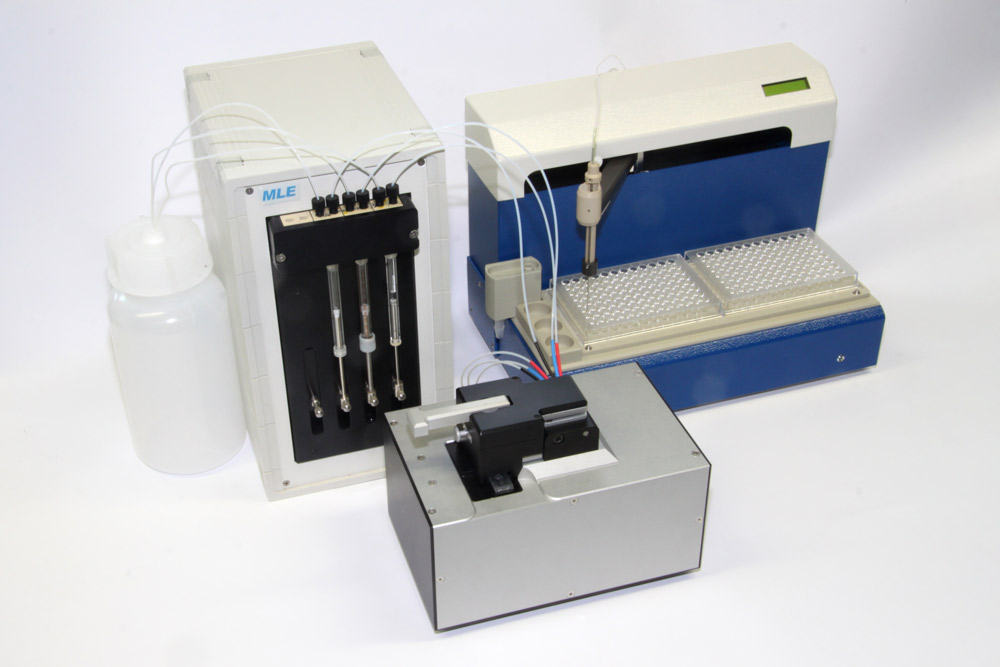 Analysesystem bestehend aus SPR-Optikeinheit, Pumpe und Probensampler.