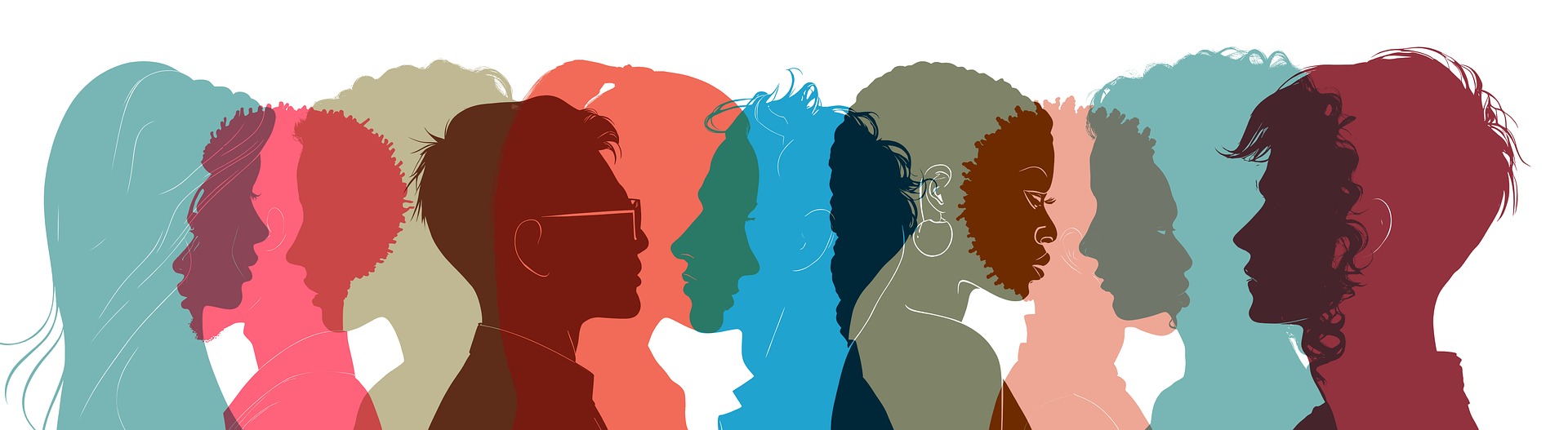Unterschiedliche menschliche Profile werden von der Seite als Scherenschnitt gezeigt. Die Köpfe haben alle unterschiedliche Rot- oder Grüntöne und stehen für die Diversität, Unterschiedlichkeit und Inklusion in Forschung und Gesellschaft.