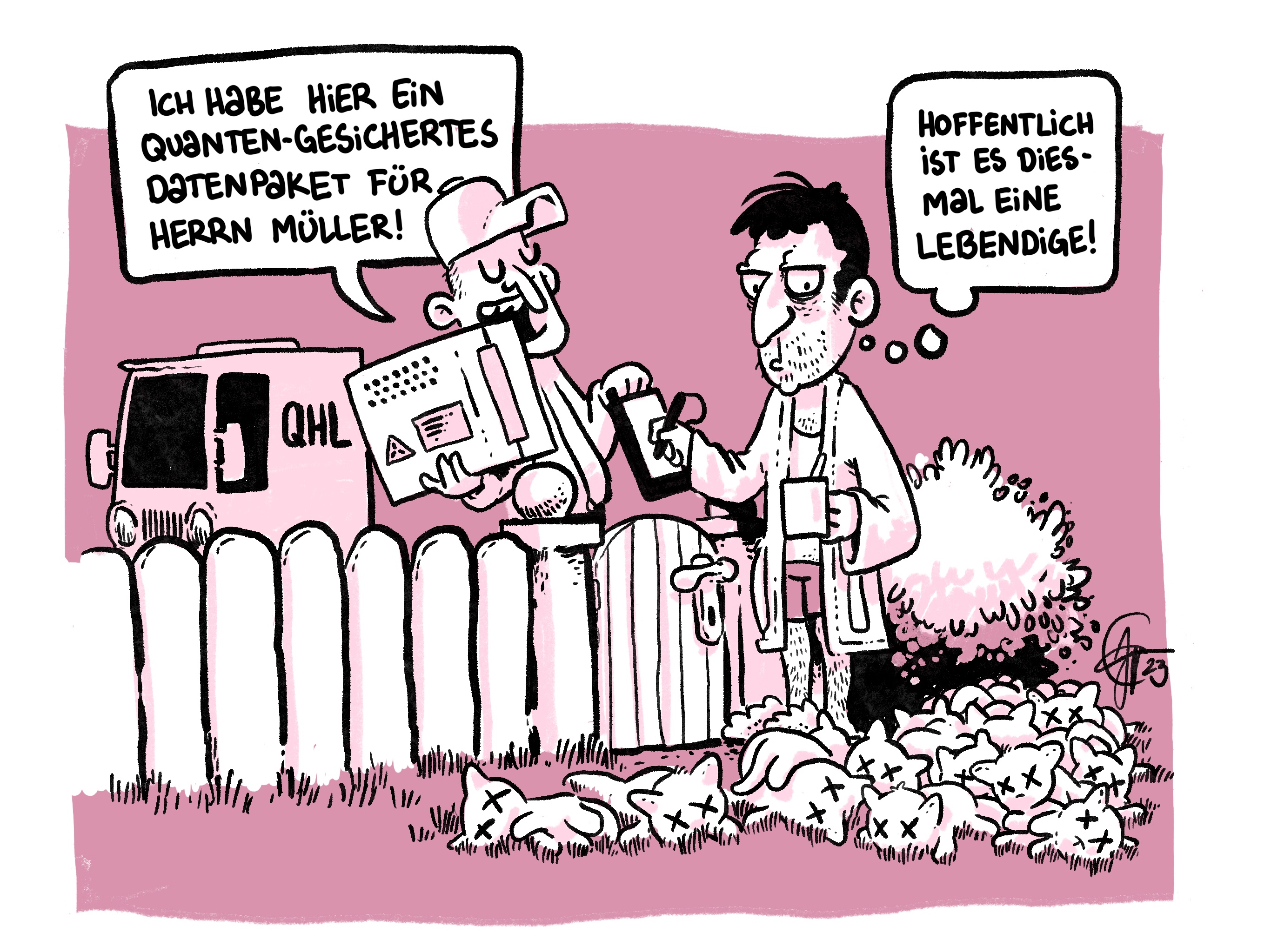 Originalentwurf der Karikatur QHL Qantenpaketzustellung von Johannes Kretzschmar, Dr. Falk Eilenberger und Dr. Thorsten Goebel.