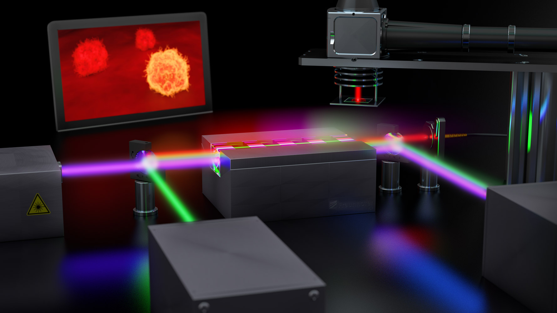 Verschieden farbige Strahlengänge vor einem Bildschirm mit Abbildung von Krebszellen.