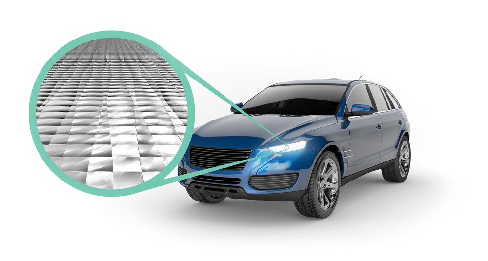 Mikrooptik für Automobil-Scheinwerfer: Viereckige Polymerlinsen ermöglichen eine präzisere Lichtmodellierung. Mikrooptik für Automobil-Scheinwerfer: Viereckige Polymerlinsen ermöglichen eine präzisere Lichtmodellierung.