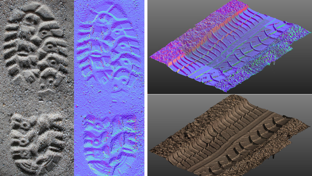 Bilder von einem Schuh- und einem Reifenabdruck mit dazugehörigem 3D-Bild.