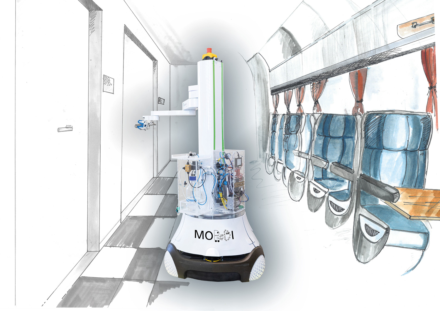 Illustration vom Desinfektionsroboter MobDi für den Einsatz in einem Gebäude und Verkehrsmittel.