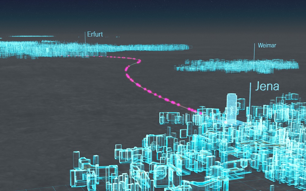 Visualisierung der Quanten-Faser-Teststrecke zwischen Erfurt und Jena.