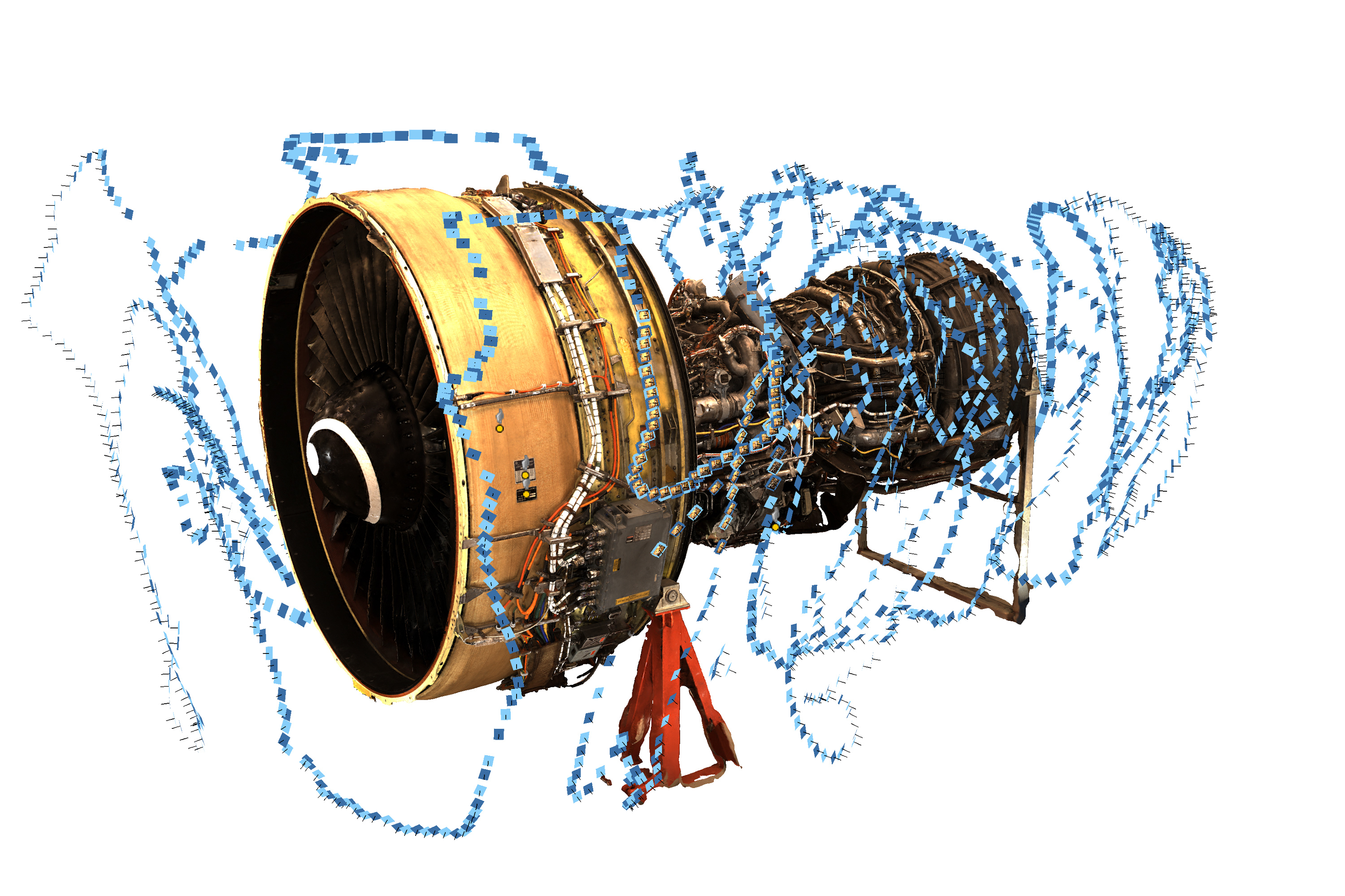 Eine Turbine wird digital mit Scanner-Trajektorie (blaue Linie) erfasst. 