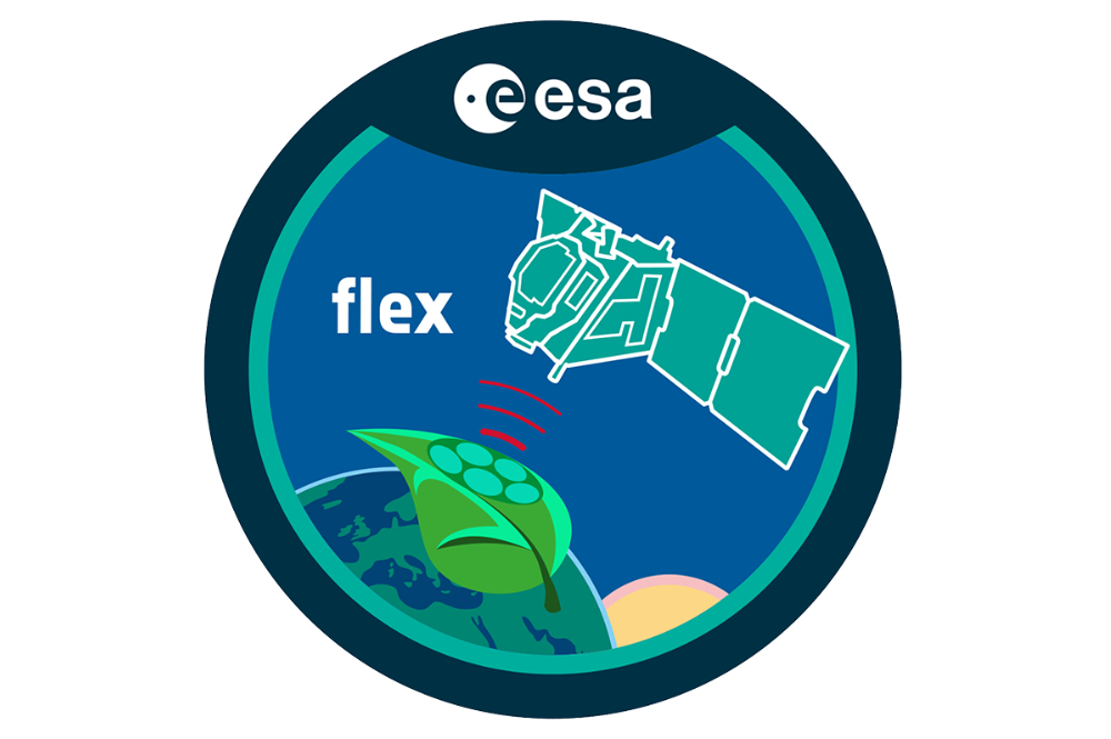 Das Logo der ESA-Mission FLEX zeigt einen Satelliten und die Erforschung der Erde.