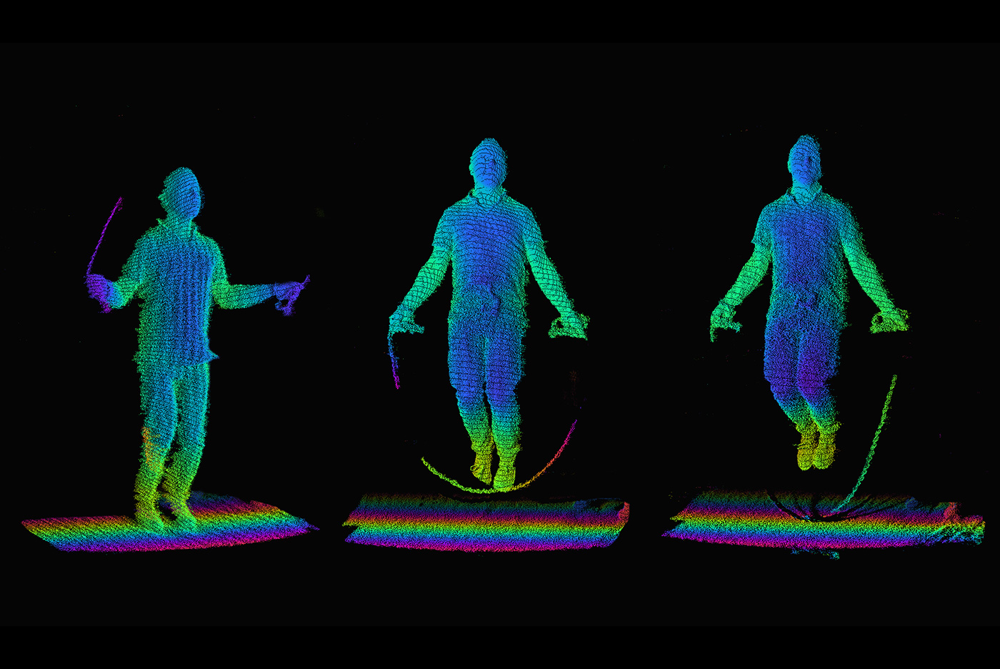 3D-Aufnahmen eines Seilspringers zu drei verschiedenen Zeitpunkten.