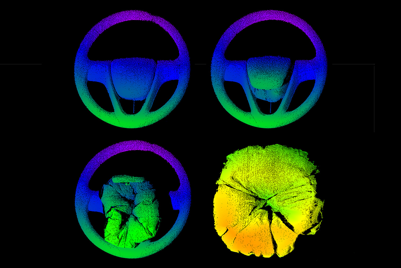 3D-Aufnahmen von der Entfaltung eines Airbags zu vier verschiedenen Zeitpunkten.