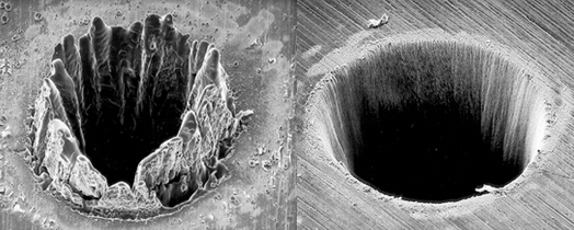 Comparison of two microbore in stainless steel. Left: Pulse duration of 3.3 ns (the edge of the drill hole is frayed and uneven); right: Pulse duration of 200 fs (the edge of the drill hole is smooth and even).