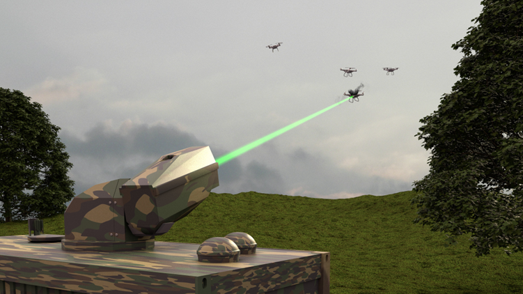 A camouflaged laser on an open space, outdoor. A laser beam coming out of the high energy laser and is shooting a drone.