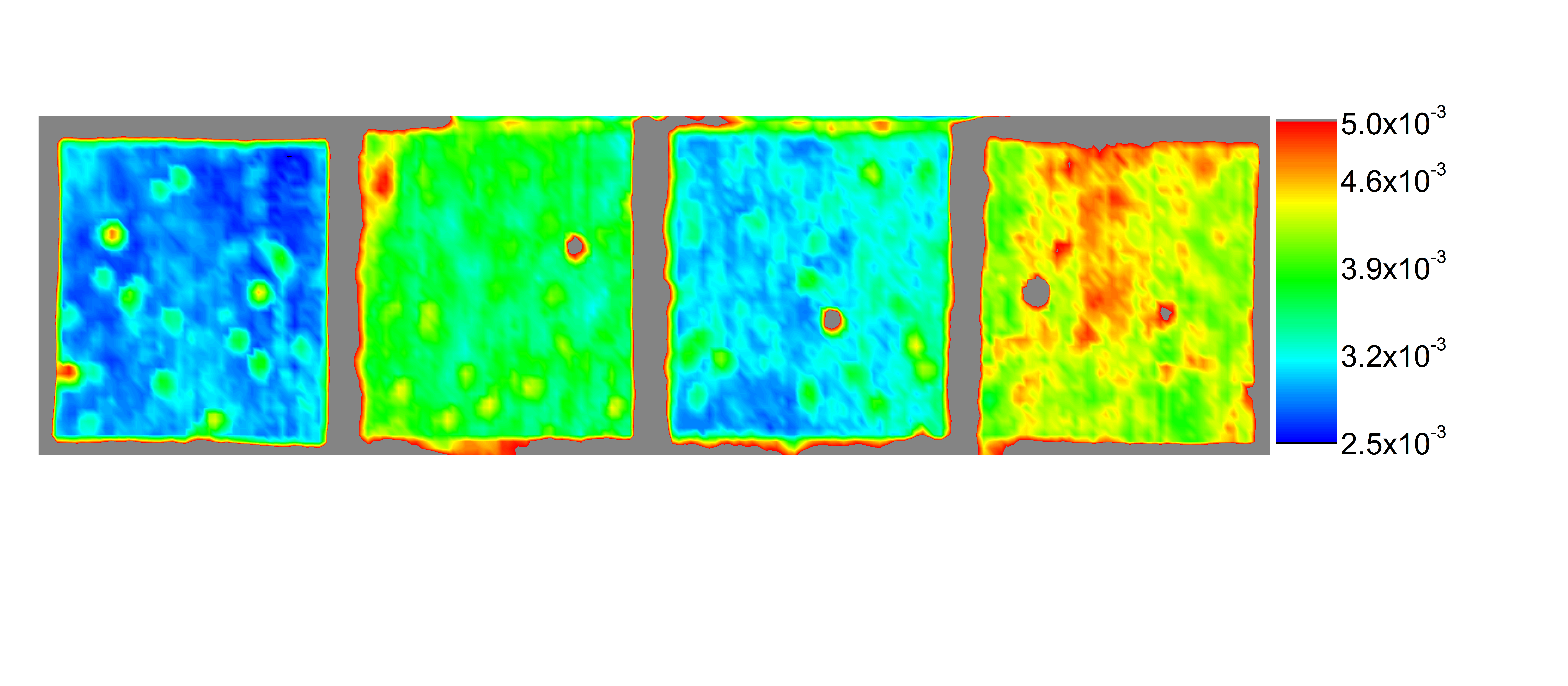 Mapping of scattering loss shows defects and homogeneity of holographic gratings (each 25 mm x 25 mm).