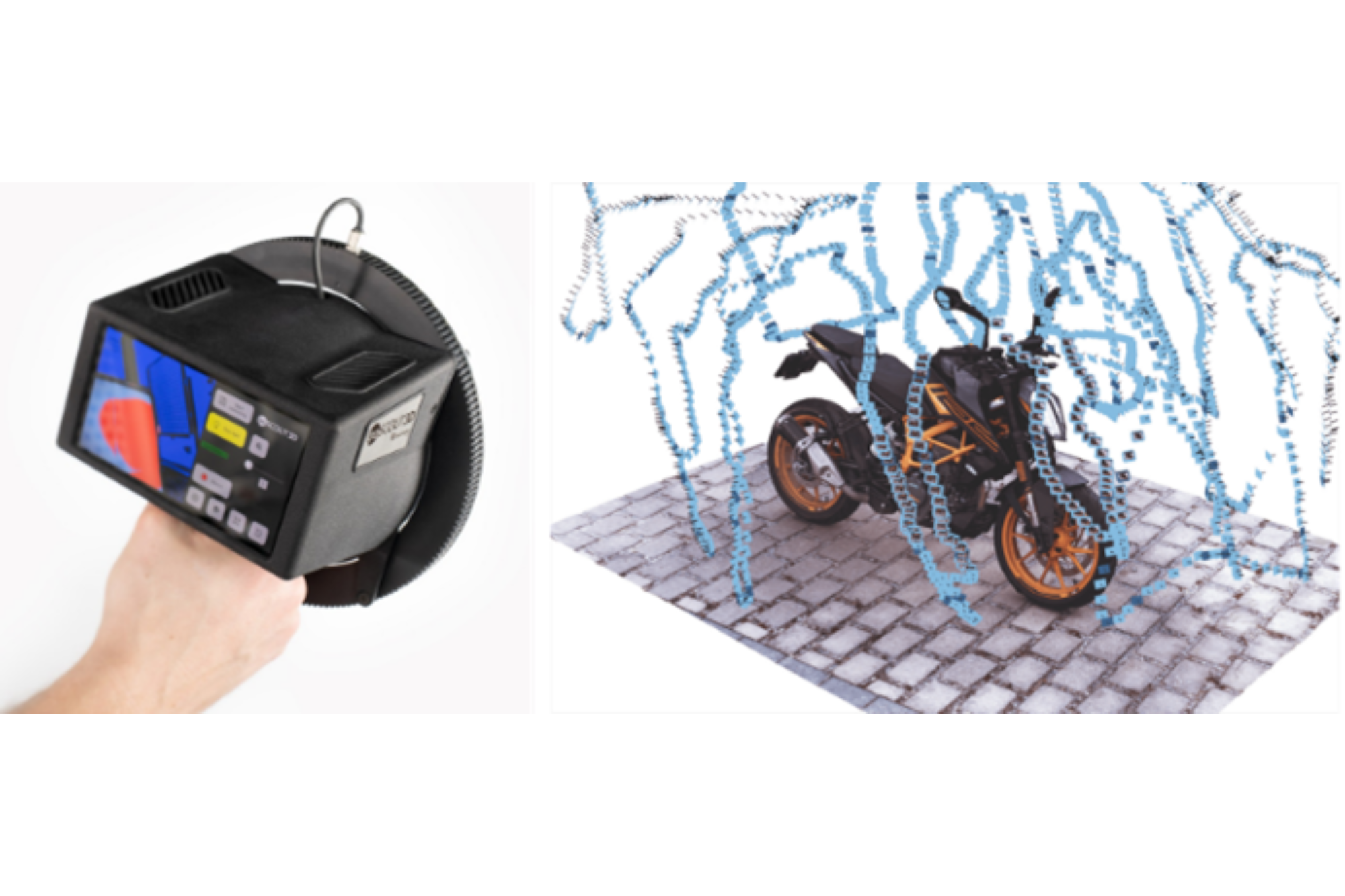 Handheld 3D scanner goSCOUT3D (left) and captured object (right) with visualized trajectory information