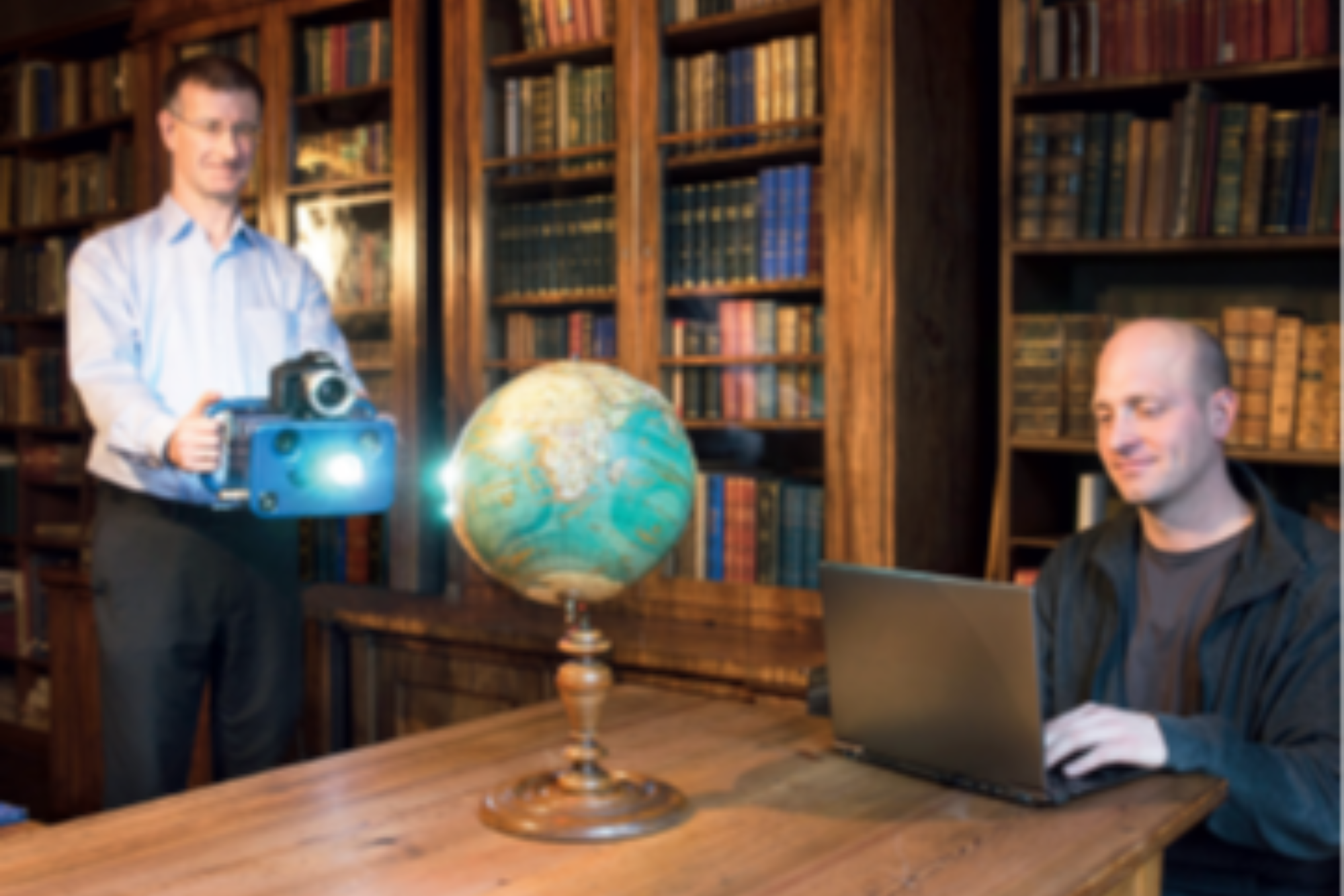kolibri CORDLESS 3D scanner while 3D recording a raised relief globe at “Ernst-Haeckel-Haus” museum in Jena
