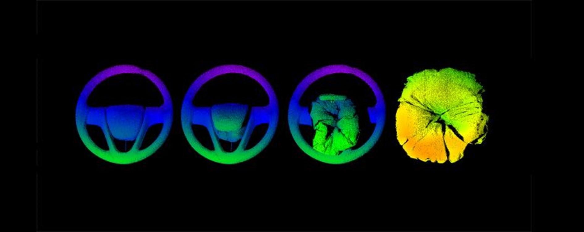 3D measurement of an airbag deployment - point clouds at four different points in time.