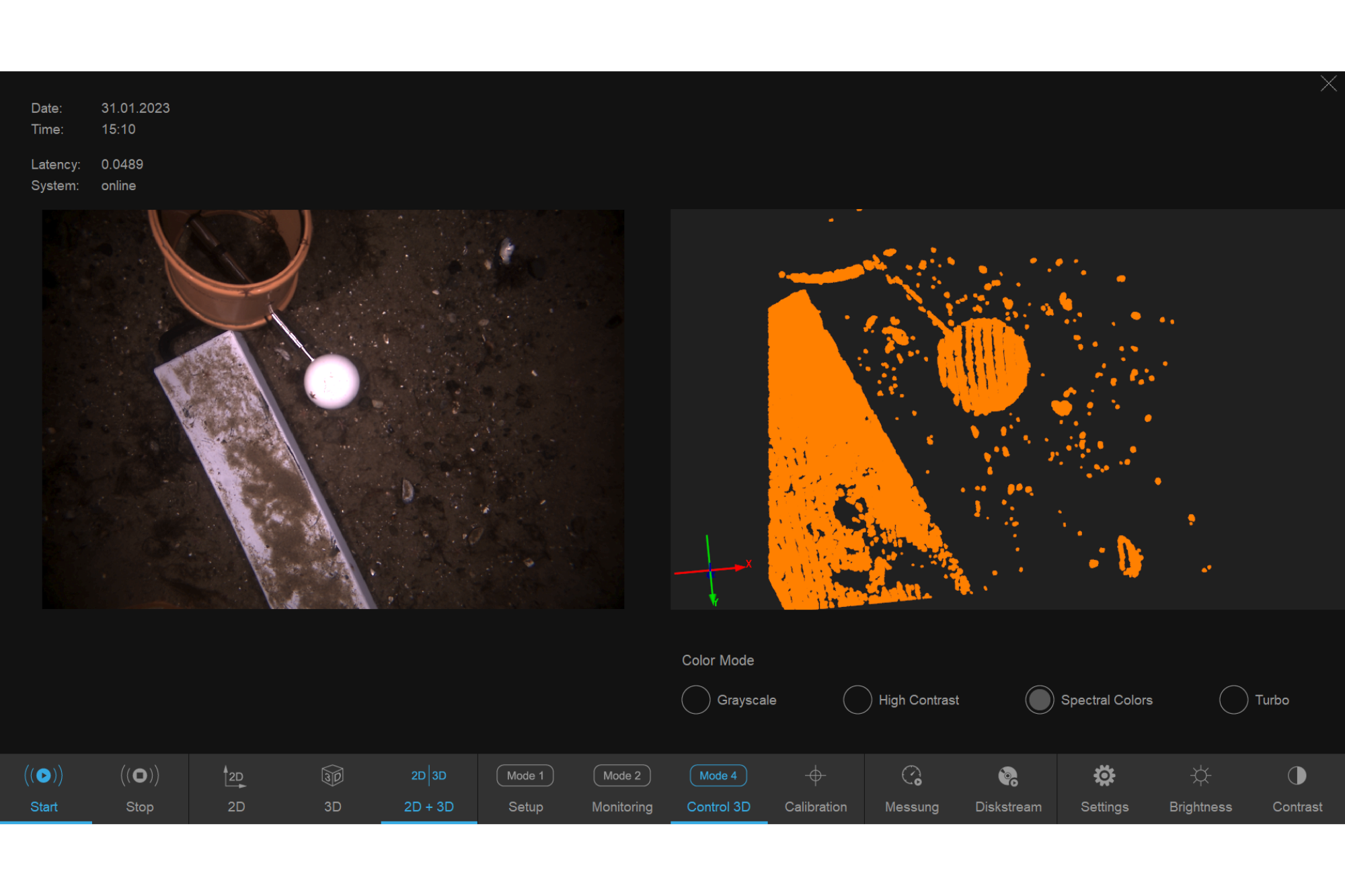  Screen of the control software developed for the underwater sensor goDEEP3D for the ROV operator. Left: high-resolution color 2D image; right: real-time 3D reconstruction of the currently overflown measurement object for real-time control.