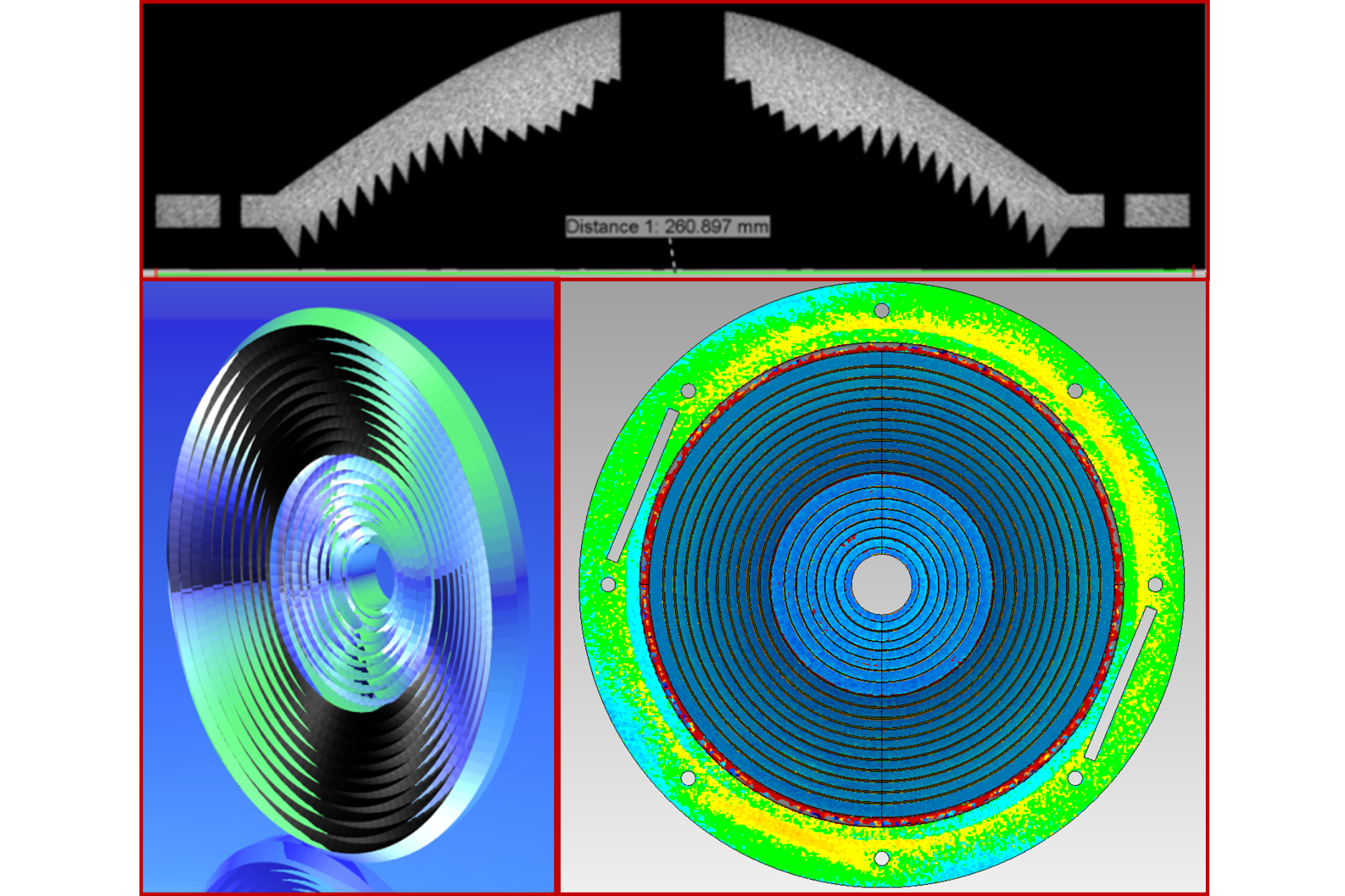 Metric analysis of a Fresnel freeform lens made of PMMA using CT and 3D comparison in false color of the surface against the CAD model