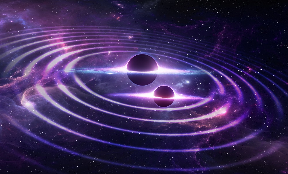 Symbolic visualization of the formation of gravitational waves through the collision of two black holes of space-time, here e.g. caused by the collision of black holes