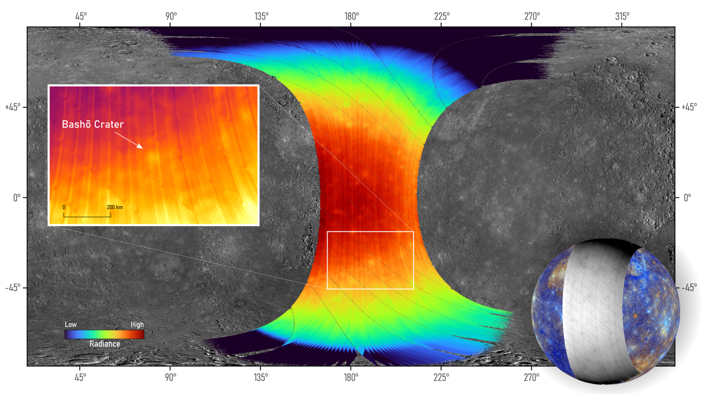 Planet Mercury radiates in the mid-infrared light. The colored sections represent data from MERTIS and show the heat radiation of the surface at a wavelength of 8.45 µm. The gray background map is based on images in visible light from NASA&#39;s Messenger mission. Part of the Caloris Basin, the largest impact crater on Mercury, is clearly visible.