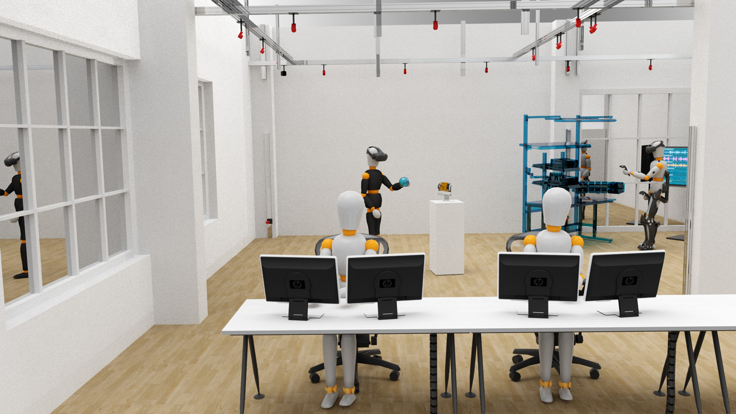 Virtual model with several human-like robots working in a room.