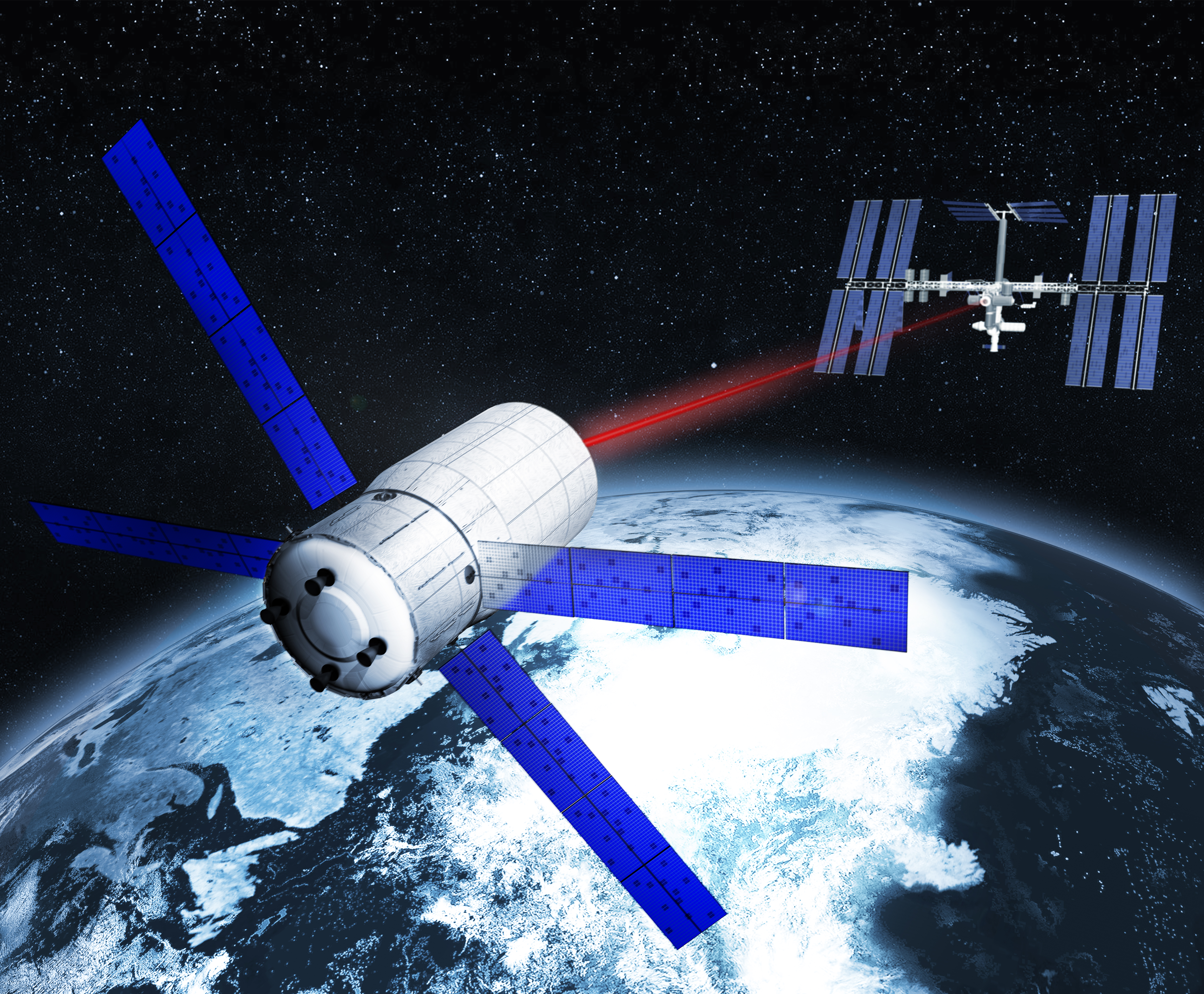 A satellite in space locates space debris using a short-pulse fiber laser.