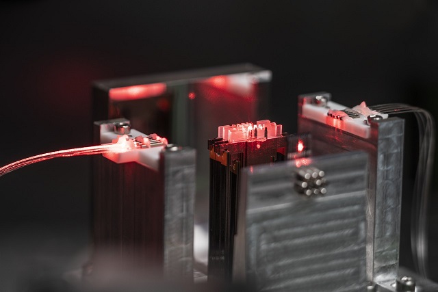 Close-up of the laser-based addressing optics.