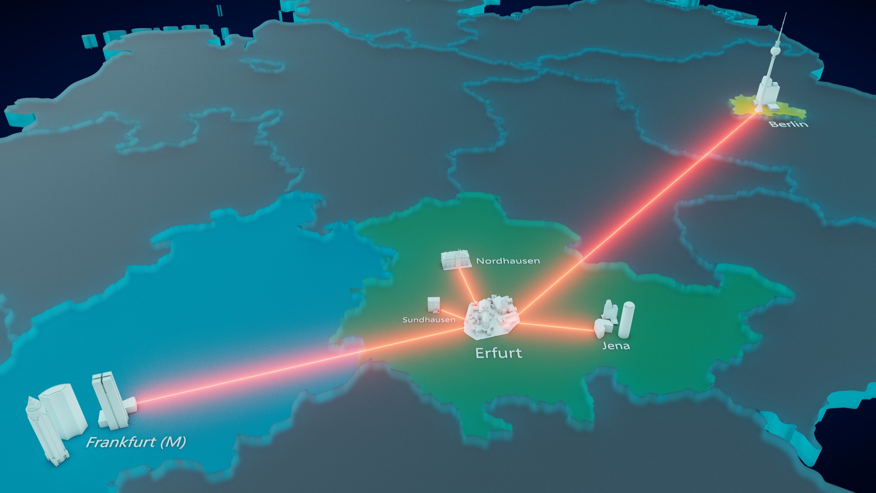 Visualization of the planned quantum test links with hub in Erfurt, Thuringia.