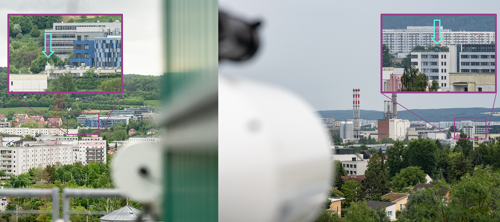 Collage with view from the roof of Stadtwerke Jena towards Fraunhofer IOF and vice versa