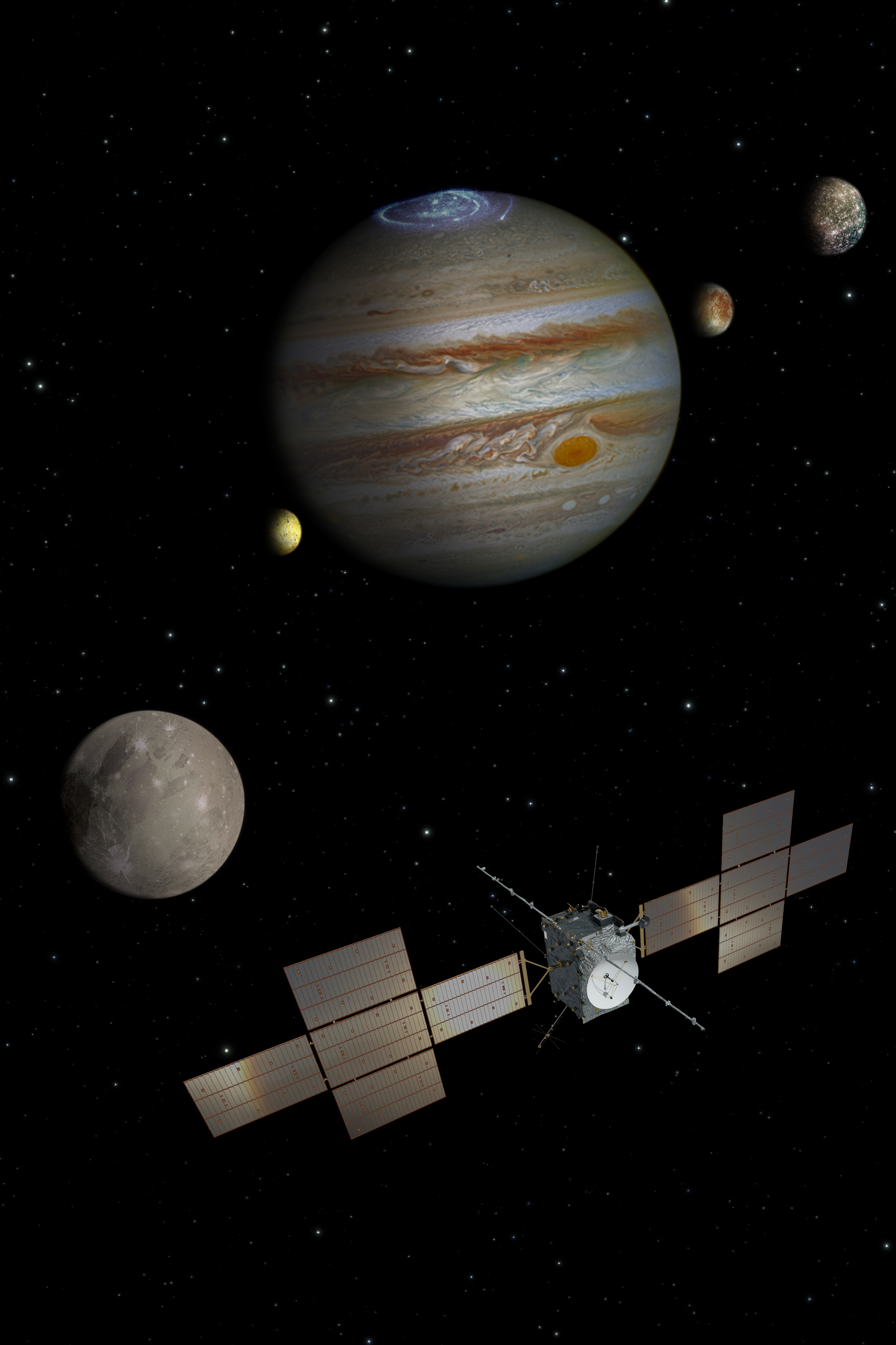 Artistic graphic depicting the ESA JUICE space mission to explore Jupiter and its moons.