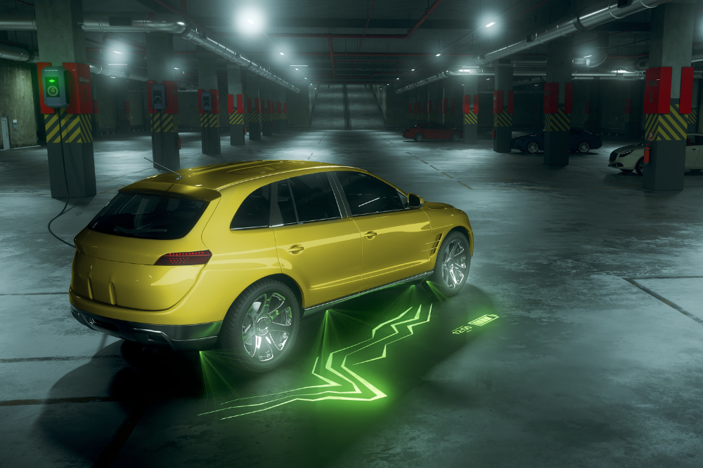 A yellow car stands in a hall. On the right side, the car projects bright LED lines onto the floor.