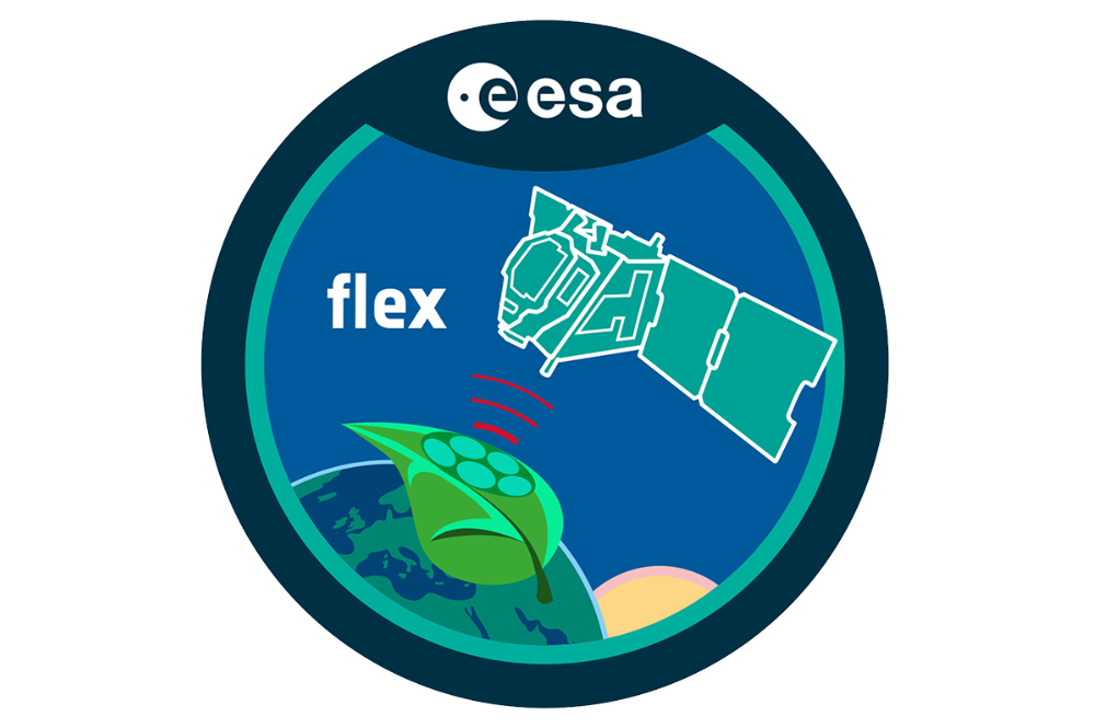 The logo of the ESA FLEX mission shows a satellite and the research of earth.