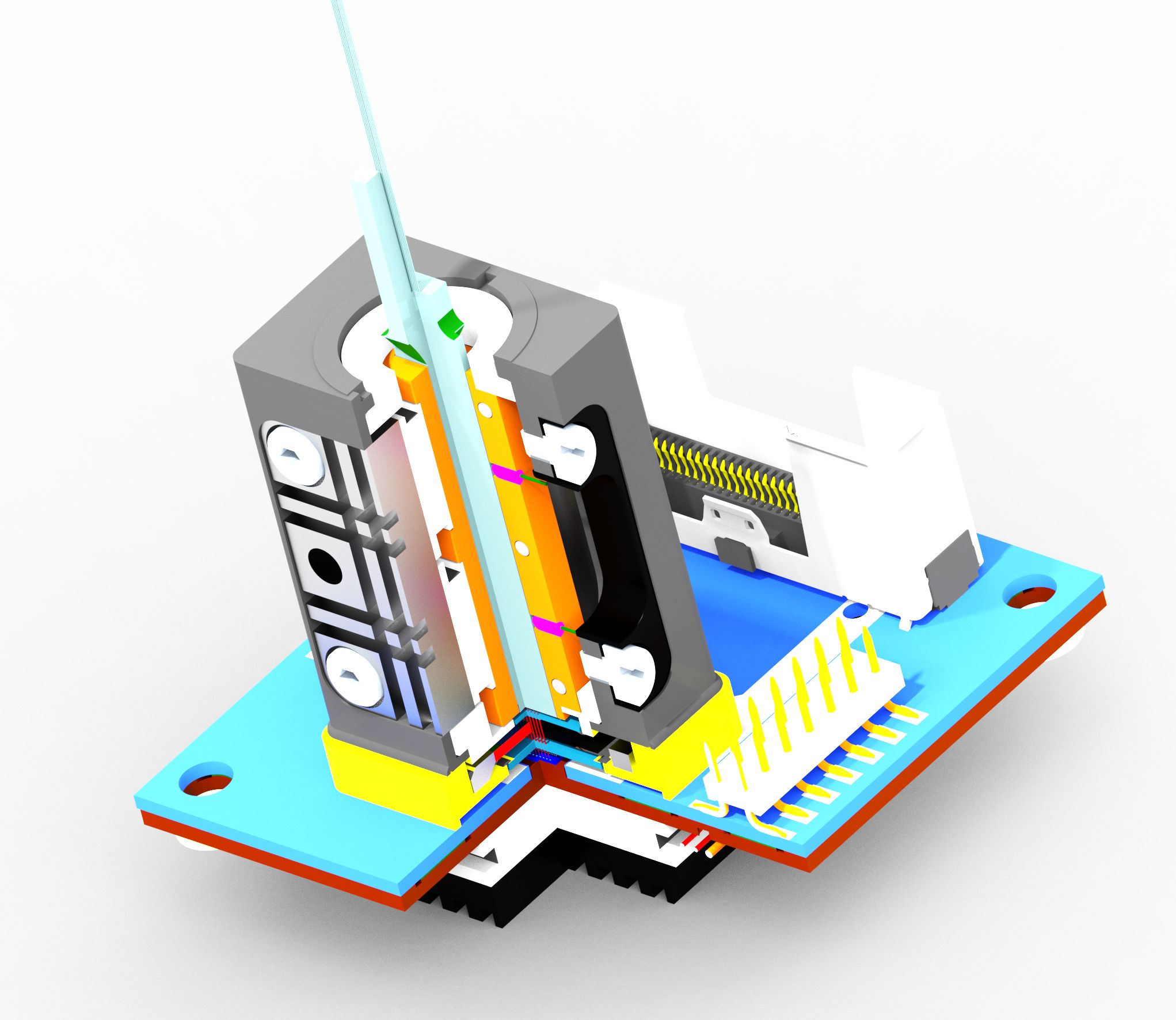 The VCSEL source on the ceramic printed circuit board (PCB) is shown with the KOVAR frame housing. The tiny glass tip on top of the housing is the waveguide combiner, where the polarization signal comes to exit. The VCSEL source on the ceramic printed circuit board (PCB) is shown with the KOVAR frame housing. The tiny glass tip on top of the housing is the waveguide combiner, where the polarization signal comes to exit.