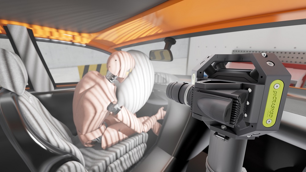 3D visualization: You can see the goCRASH3D. It is installed inside a vehicle on the passenger&#39;s side. From there, it records 3D images of a test dummy sitting behind the steering wheel and hitting the deploying airbag during a crash test.