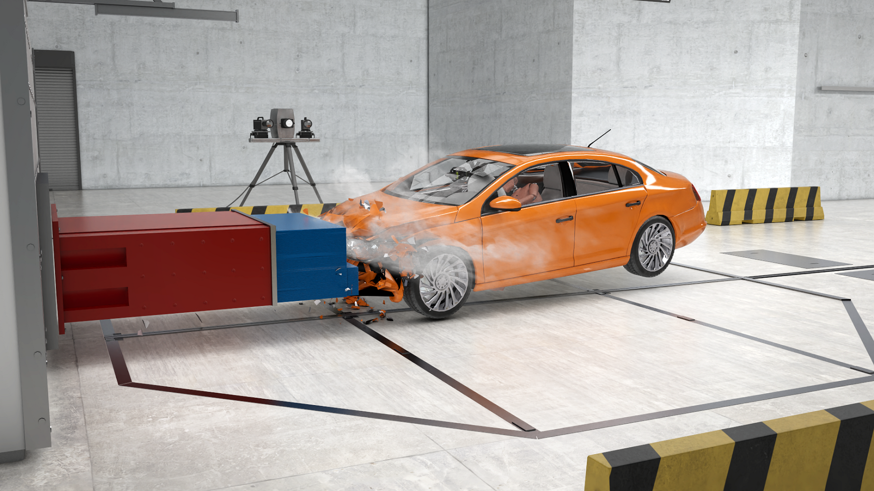 3D-Visualisierung: Zu sehen ist ein Auto, das in einer Crashtest-Halle auf ein Hinderniss aufprallt. Eine Hochgeschwindigkeitskamera filmt die Crashszene von außen.
