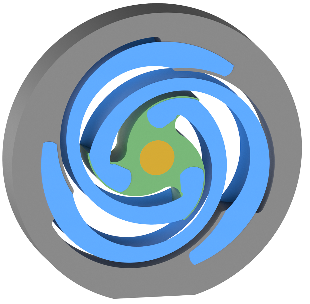 The glass sensor as a drawing: a round disk in a 3D structure with three levels. The leaf springs are blue, the test mass is green, the outer frame is gray, and one mirror coating is yellow.