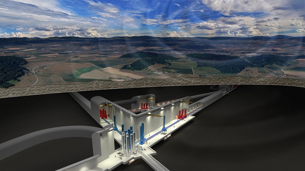 Visualization of the planned Einstein Telescope: a kind of cross between two underground tunnels. Above it, a kind of transparent dome can be seen.